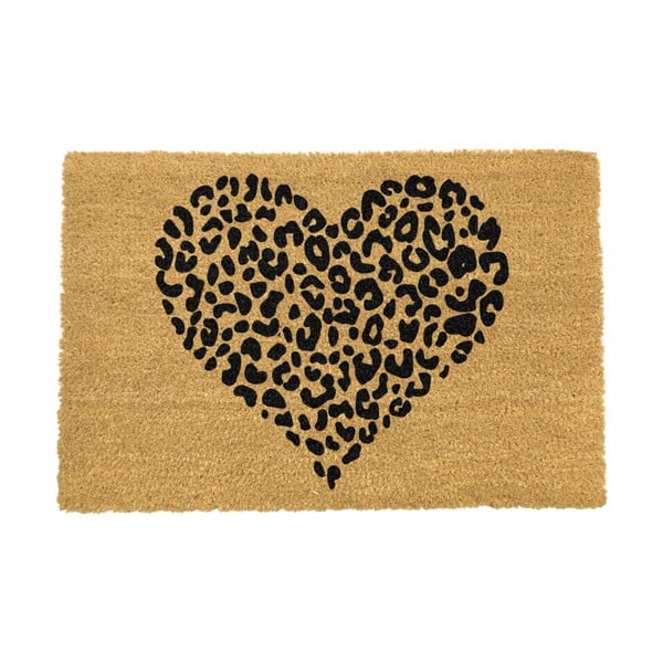 Crni otirač ​od prirodnih kokosovih vlakana Artsy Doormats Leopard Heart, 40 x 60 cm