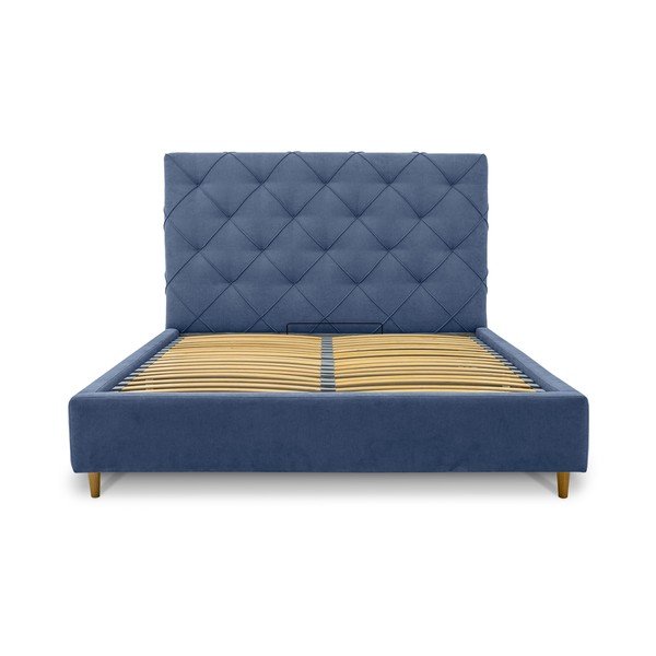 Plavi tapecirani bračni krevet s prostorom za pohranu s podnicom 160x200 cm Bee – Scandic-image-3