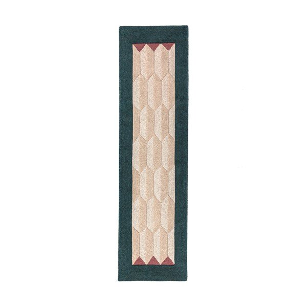 Ručno rađena vunena staza u prirodnoj boji/plavozelena 60x230 cm Apex Border Wool – Flair Rugs