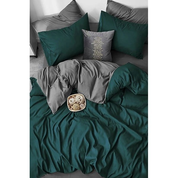 Pamučna posteljina za bračni krevet/s produženom plahtom  petrolej boje/siva 200x220 cm - Mila Home