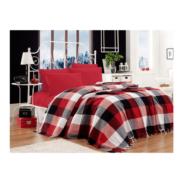 Set pamučnog prekrivača, plahte i 2 jastučnice Iskoc Crveni Crno Bijeli, 200 x 240 cm