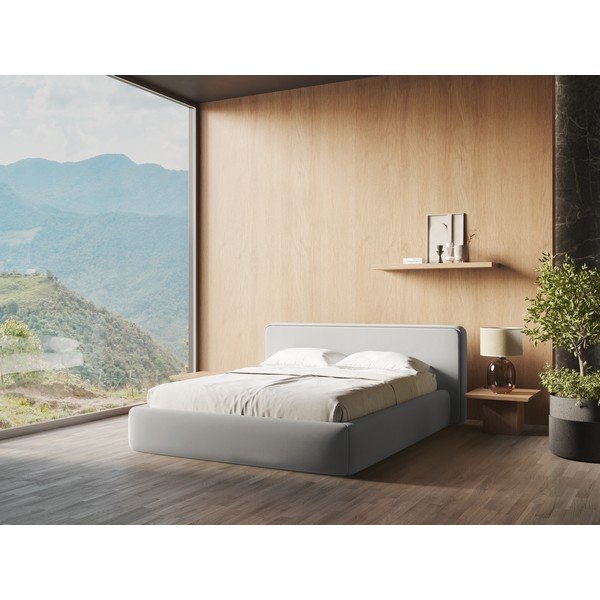 Svijetlo sivi tapecirani bračni krevet s prostorom za odlaganje s podnicom 160x200 cm Kiana – Makamii-image-1