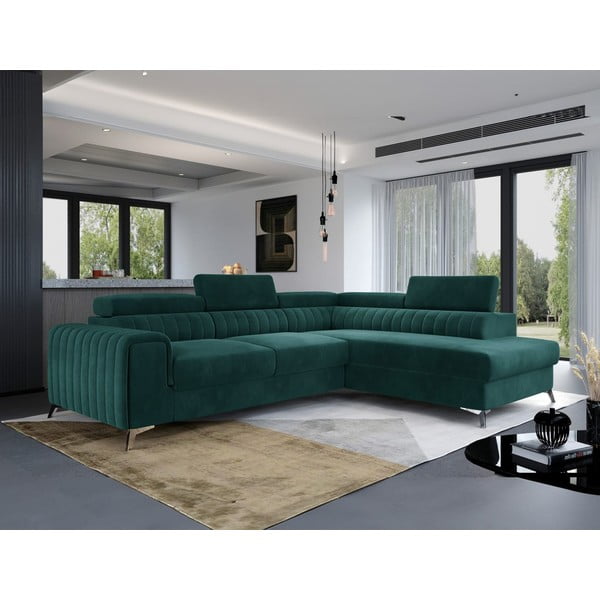 Zelena baršunasti sklopiva/s prostorom za odlaganje kutna garnitura (s desnim kutom/u obliku slova L) Laurence – ELTAP-image-1