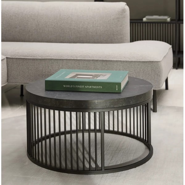 Crni okrugao stolić za kavu s pločom stola u mramornom dekoru ø 65 cm Strington – Actona-image-1