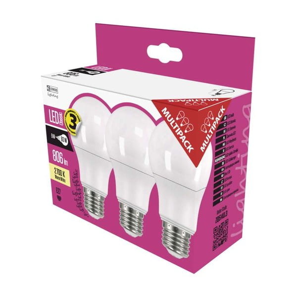 Set od 3 LED žarulje EMOS Classic A60 Warm White, 8,5W E27-image-1
