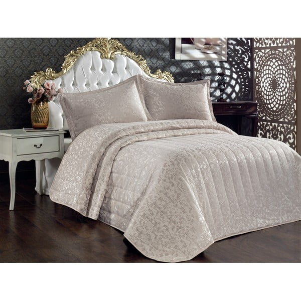 Bež pamučni prošiveni prekrivač i jastučnica za bračni krevet 240x260 cm Bulut - Mijolnir