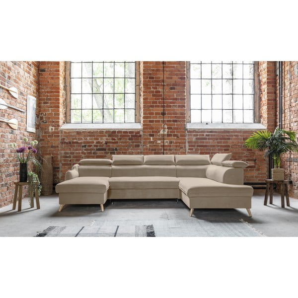 Bež baršunasta sklopiva kutna garnitura (s desnim kutom/u obliku slova "U") Sweet Harmony – Miuform-image-1