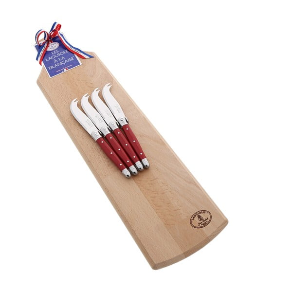 Set od 4 crvena noža za posluživanje sira s drvenom daskom Jean Dubost