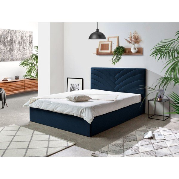 Tamnoplavi tapecirani bračni krevet s prostorom za pohranu s podnicom 160x200 cm Palmyre - Bobochic Paris-image-1