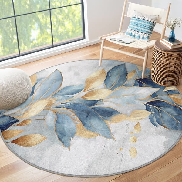 Plavi/u zlatnoj boji perivi okrugao tepih ø 100 cm Golden Leaves – Mila Home-image-4