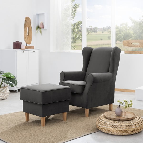 Antracit baršunasta fotelja s tabureom Max Winzer Lorris-image-1