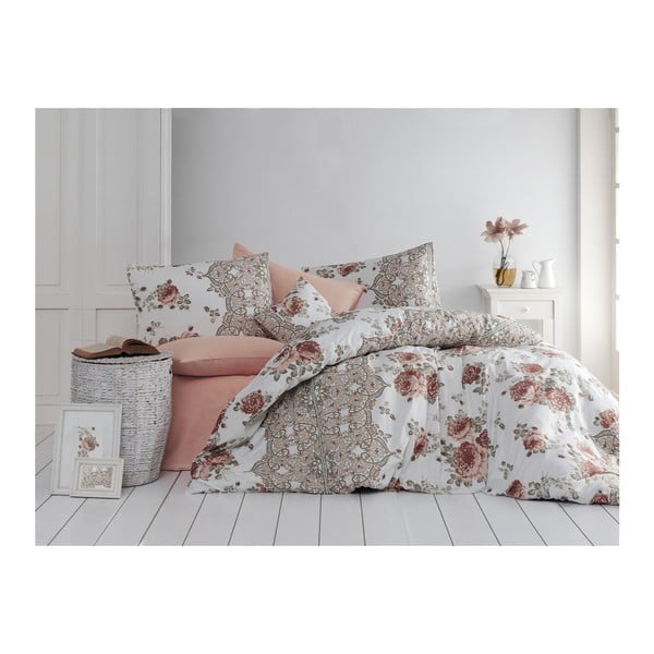 Smeđa pamučna posteljina s bračnim krevetom Nazenin Home Arnia, 200 x 220 cm