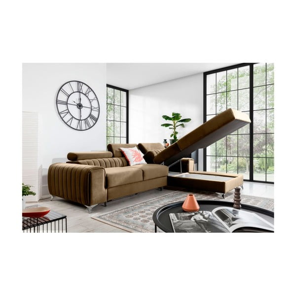 Svjetlo smeđa baršunasti sklopiva/s prostorom za odlaganje kutna garnitura (s desnim kutom/s ležaljkom) Grayson – ELTAP-image-3