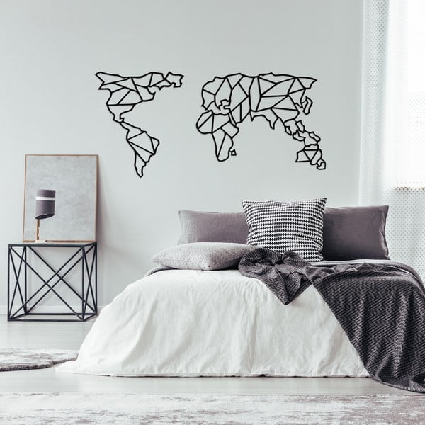 Crna metalna zidna dekoracija Geometric World Map, 120 x 58 cm