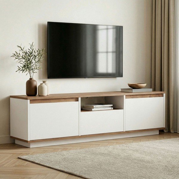 Bijela/u prirodnoj boji TV komoda u dekoru bora 160x42x30 cm Sentinel – Kalune Design-image-1