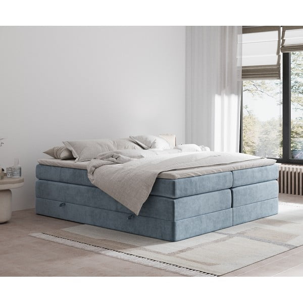 Plavi boxspring krevet s prostorom za odlaganje/bez uzglavlja 200x200 cm Juniper – Maison de Rêve-image-1