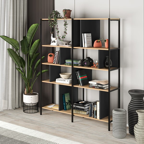 Crna/u prirodnoj boji biblioteka u dekoru hrasta 144x175 cm Alabama – Marckeric-image-4