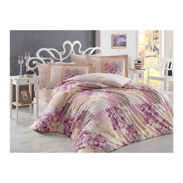 Ružičasta posteljina na bračnom krevetu od pamučnog poplina s plahtom Rachele, 200 x 220 cm