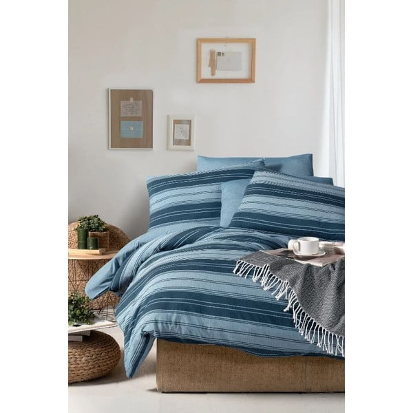 Plava posteljina za bračni krevet/za produženi krevet s uključenom plahtom/4-dijelna 200x220 cm Stripes – Mila Home-image-3