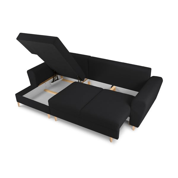 Crna sklopiva/s prostorom za odlaganje kutna garnitura od bouclé tkanine (s lijevim kutom/s ležaljkom) Kyoto – Cosmopolitan Design-image-3