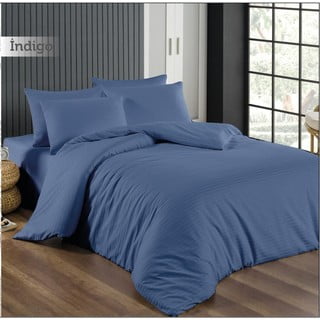 Plava posteljina za bračni krevet/za produženi krevet od damasta s uključenom plahtom/4-dijelna 200x220 cm – Mila Home
