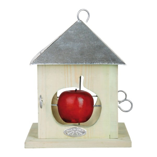 Bijela drvena hranilica za ptice s pocinčanim krovom za 4 jabuke Esschert Design, visina 23 cm