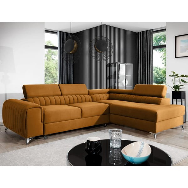 Žuta  baršunasti sklopiva/s prostorom za odlaganje kutna garnitura (s desnim kutom/u obliku slova L) Laurence – ELTAP-image-1