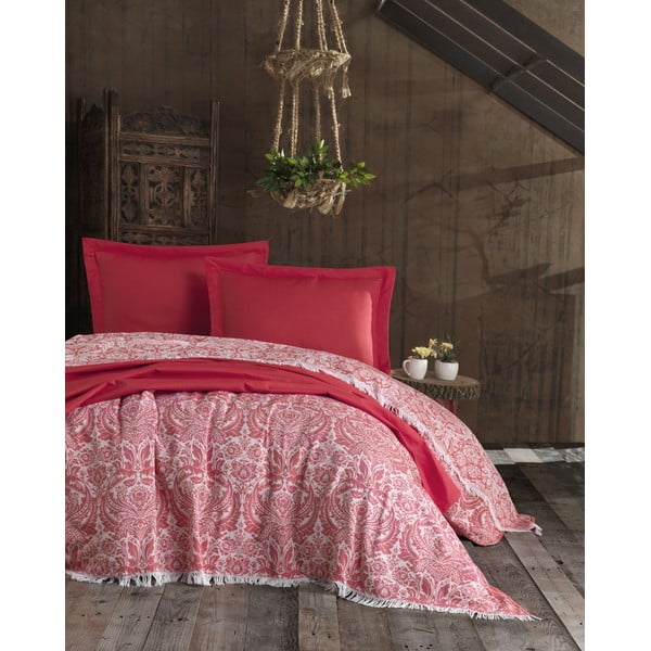 Set od crvenog pamučnog pokrivača i dvije jastučnice EnLora Home Nish Red, 240 x 260 cm