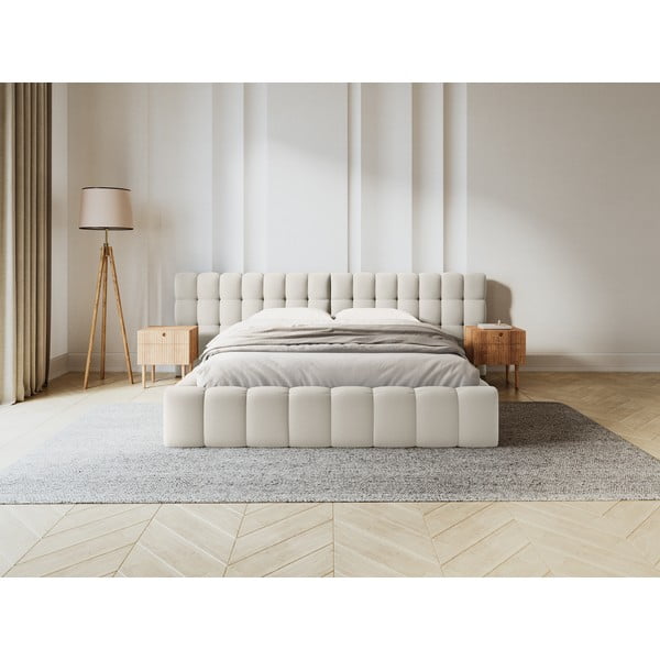 Krem tapecirani bračni krevet s prostorom za pohranu s podnicom 180x200 cm Mamaia – Micadoni Home-image-1