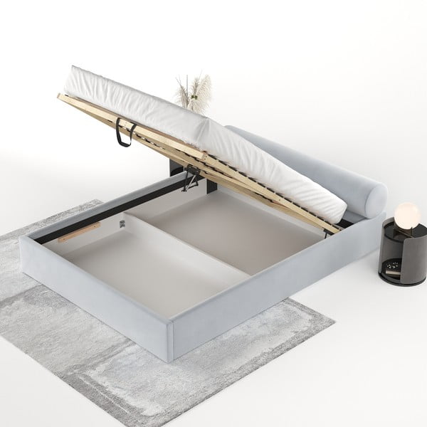 Svijetlo sivi tapecirani bračni krevet s prostorom za odlaganje s podnicom 180x200 cm Solvo – Maison de Rêve-image-4