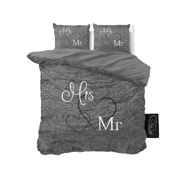 Antracitno-siva pamučna posteljina Pure Cotton Mr and Mrs, 200 x 200 cm
