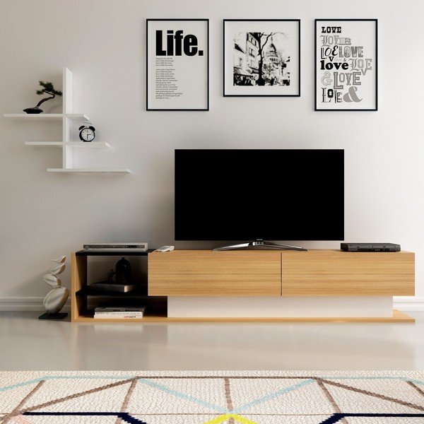 Bijela TV komoda u egzotičnom drvenom dekoru 180x40 cm Liza - Kalune Design-image-3