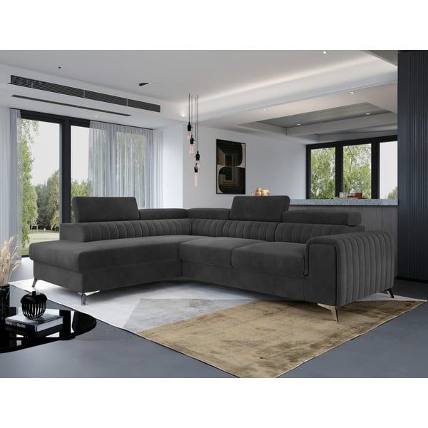 Tamno siva baršunasti sklopiva/s prostorom za odlaganje kutna garnitura (s lijevim kutom/u obliku slova L) Laurence – ELTAP-image-1