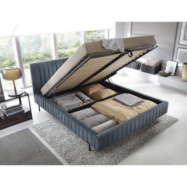 Plavi tapecirani bračni krevet s prostorom za odlaganje s podnicom 140x200 cm Plissa – ELTAP-image-2