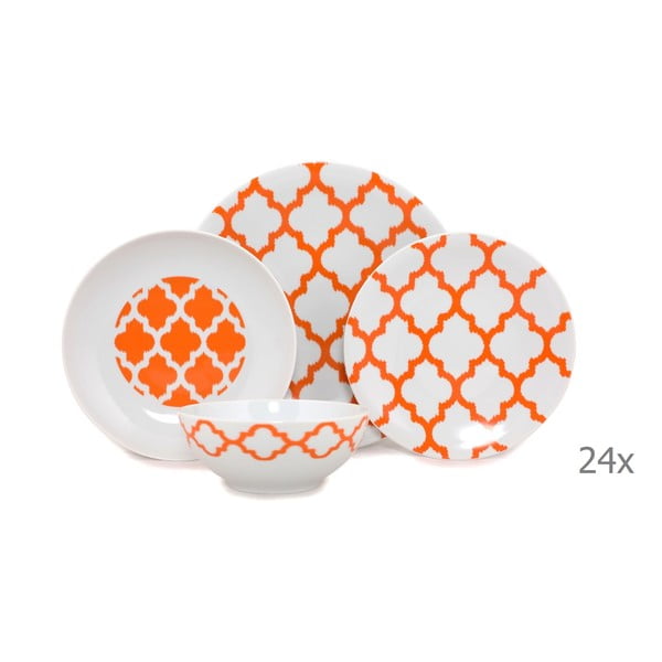 24-dijelni set bijelog porculanskog posuđa s narančastim uzorkom Kütahya Porselen Grida