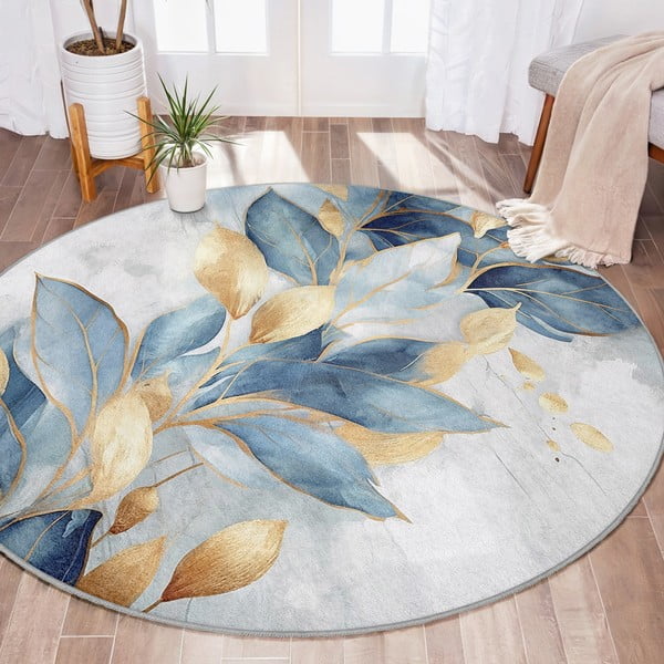 Plavi/u zlatnoj boji perivi okrugao tepih ø 100 cm Golden Leaves – Mila Home-image-1