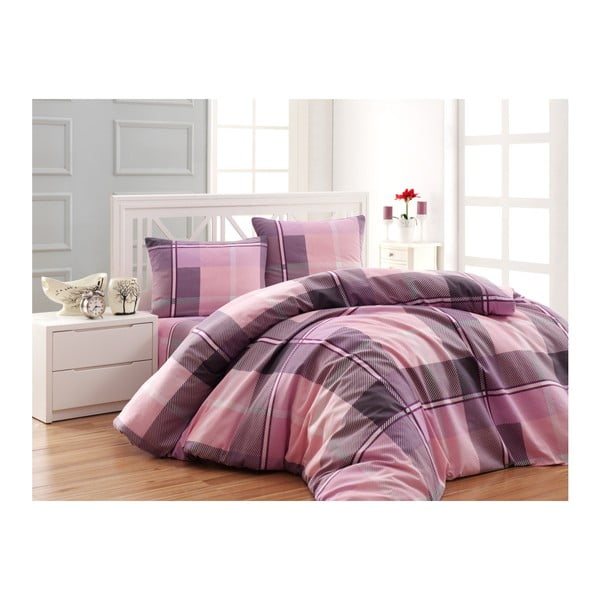 Ljubičasto-ružičasta posteljina za krevet za jednu osobu od pamuka Checkers ranforce, 160 x 220 cm