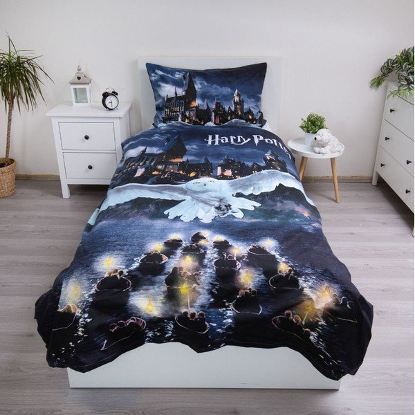 Tamno plava/siva dječja posteljina za krevet za jednu osobu od mikrovlakana 140x200 cm Harry Potter "Hogwarts Night" – Jerry Fabrics-image-1