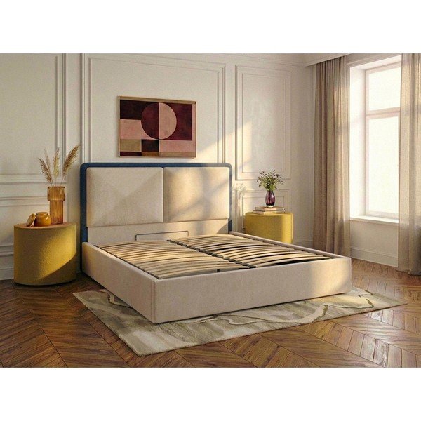 Plavi/bež podstavljeni bračni krevet s prostorom za odlaganje s podnicom 180x200 cm Mara – Bobochic Paris-image-2