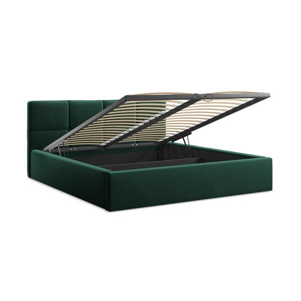 Tamno zeleni baršunasti tapecirani bračni krevet s prostorom za odlaganje s podnicom 140x200 cm Hiko – Makamii-image-2