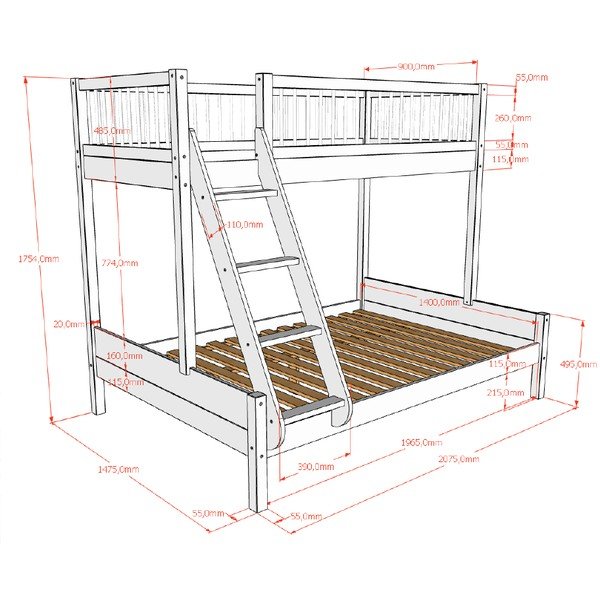 Bijeli dječji krevet od masivne bukve na kat s podnicom 140x200/90x200 cm Forrest – Vipack-image-2