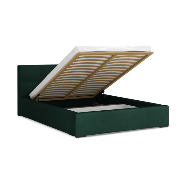 Tamno zeleni baršunasti tapecirani bračni krevet s prostorom za odlaganje s podnicom 140x200 cm Hiko – Makamii-image-1