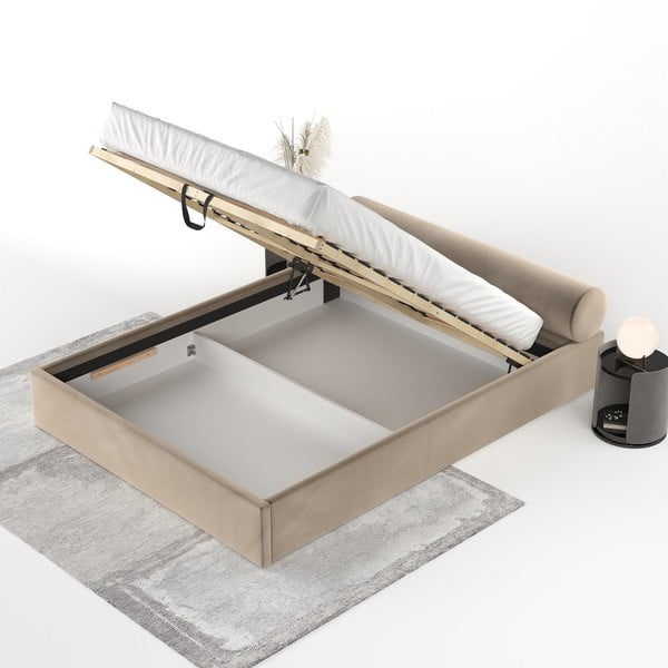 Svjetlo smeđi tapecirani bračni krevet s prostorom za odlaganje s podnicom 200x200 cm Solvo – Maison de Rêve-image-3