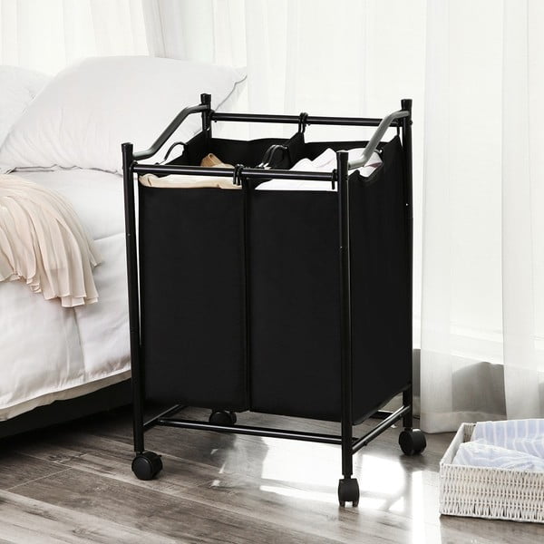 Crna košara na kotačićima s 2 pregrade za rublje Songmics-image-1