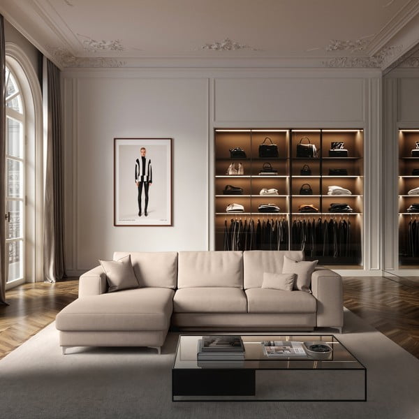 Bež baršunasti sklopiva/s prostorom za odlaganje kutna garnitura (s lijevim kutom/s ležaljkom) Rene – Rodier-image-1