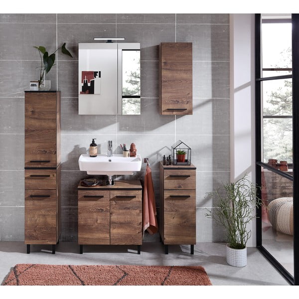 Smeđi viseći ormarić ispod umivaonika u dekoru hrasta bez slavine 60x53 cm Set 374 - Pelipal-image-4