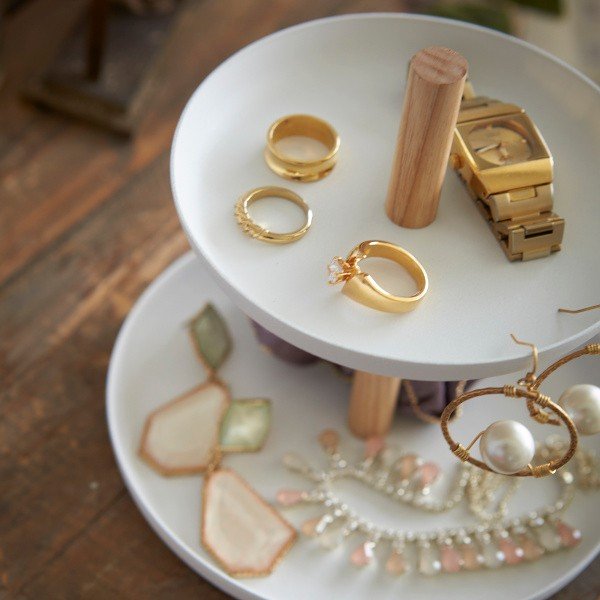 Bijeli stalak s 2 zdjele za skladištenje s detaljima od bukovine YAMAZAKI Tosca-image-2