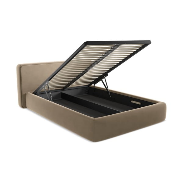 Svjetlo smeđi tapecirani bračni krevet s prostorom za odlaganje s podnicom 160x200 cm Kiana – Makamii-image-3