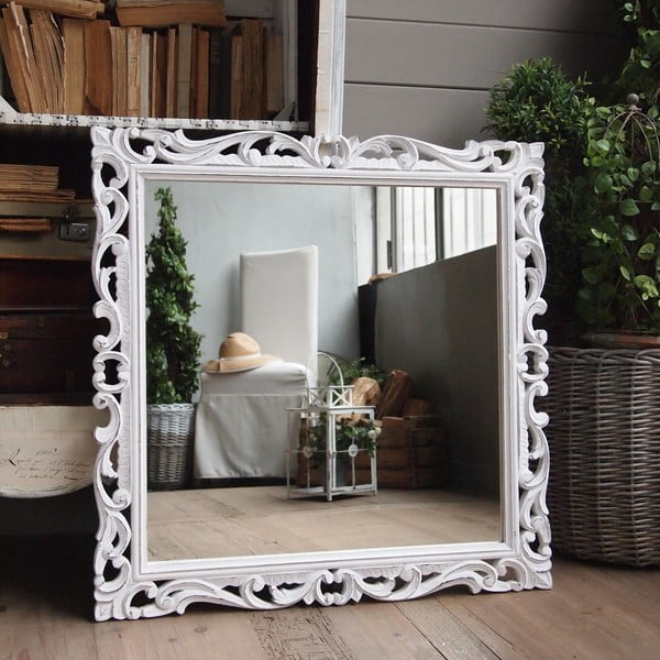 Ogledalo s okvirom od drveta manga Orchidea Milano Antique White, 80 x 80 cm