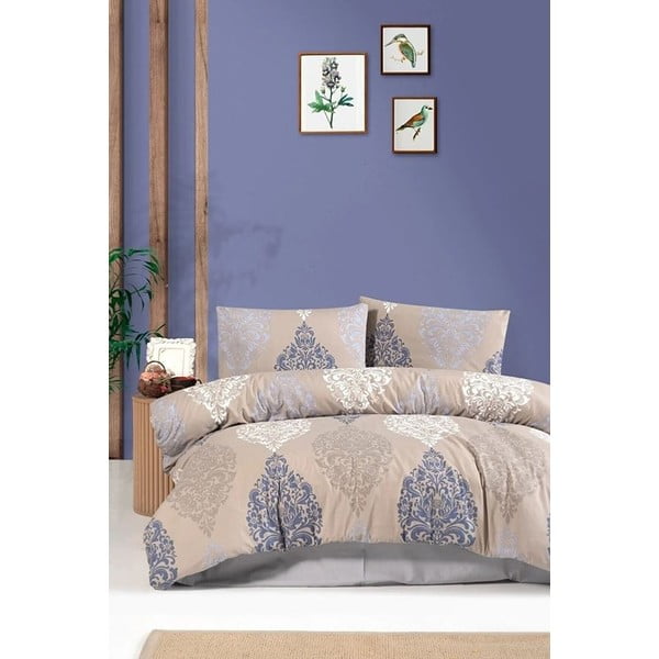 Plavo-bež pamučna posteljina za bračni krevet/za produženi krevet s uključenom plahtom 200x220 cm – Mila Home